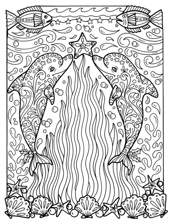 Christmas Dolphins  Coloring  page  Adult  Coloring  Beach Color 