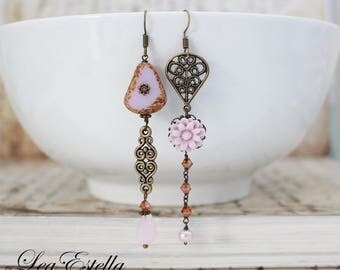 Pink Mismatched earrings pink floral earrings Pink flower earrings Pink Asymmetrical Earrings Garden earrings Rustic earrings - Candy Floss