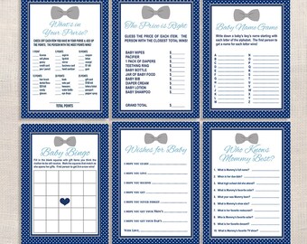 Bow Tie Baby Shower Games Package, Six Baby Shower Games Bundle, Navy and Grey Bow Tie, Baby Boy, DIY Printable, INSTANT DOWNLOAD