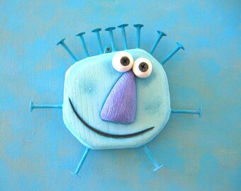 Blue Walnut, Original Found Object Wall Sculpture, Wood Carving, Wall Decor, Whimsical Art, by Fig Jam Studio