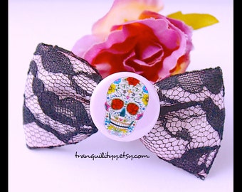 Sugar Skull Hair Bow, Detachable Button, Day Of The Dead Lace Hair Bow, Gothic, Hipster, Scene, Lolita By: Tranquilityy
