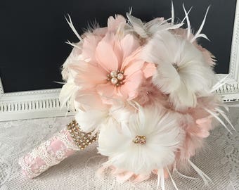 Rose gold Wedding flowers, Feather bouquet, Bridal bouquet, Gatsby Bouquet, Brooch bouquet, Blush Wedding bouquet, YOUR CHOICE COLOR