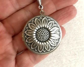 Silver Sunflower Locket Necklace, flower floral pendant vintage antique photo picture lockets birthday anniversary gift gifts for her