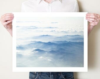 Mountains photography print. Blue misty Japanese landscape photograph, Japan Asian decor, Honshu artwork. Fine art photo, large format print