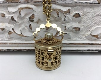 Vintage Box Necklace hinged box pendant with pearl accent
