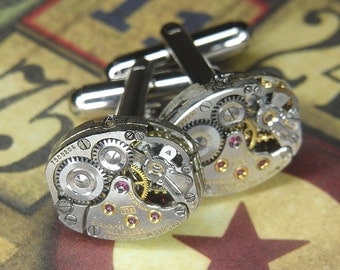 Steampunk Cufflinks Cuff Links - LONGINES Watch Movements TORCH SOLDERED - Elegant Bright Silver Oval - Birthday Wedding Anniversary Gift