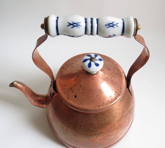 Vintage Copper Tea Kettle Ceramic Handle Blue White Shabby