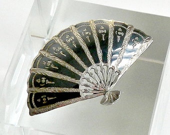 Vintage Nielloware Fan Brooch, Vintage Siam Silver Niello Brooch, 1940s Sterling Silver Fan Brooch.