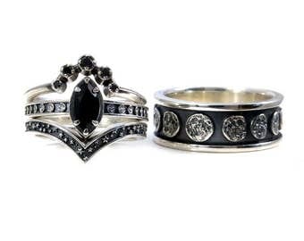 black silver moon phase engagement ring set his and hers marquise solitaire - Star Wars Wedding Ring black silver moon phase engagement ring set his and hers marquise solitaire - Star Wars Wedding Ring