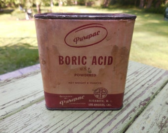 Vintage 1950s to 1960s Fiber and Rusty Tin Metal Collectible Bathroom Decor Purepac Boric Acid Pink Red Pharmacy Container Medicinal