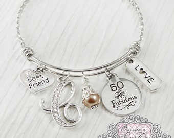 Best Friend Birthday Gift, 50th Birthday Gifts for Women, Birthday Jewelry, 50 and Fabulous, Friendship Bracelet, Friend,Personalized Bangle