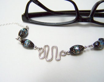 Eyeglass Necklace Eyeglass Chain, Sterling Silver, Black Coral Bead, Eyeglass Lanyard, Mother of Pearl, Eyeglass Holder by Eyewearglamour