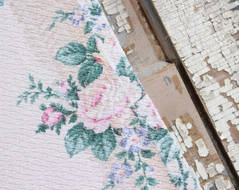 Shabby Cottage Chic Muted Pink English Cabbage Roses Floral Vintage 1930s Vintage Nubby Barkcloth Fabric Drapes Drapery Panel