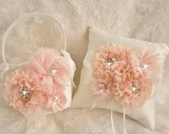 Blush Flower Girl Baskets, Two Hand Dyed Blush Flower Girl Baskets and Ring Pillow, Ring Bearer Pillow, Flower Girl Basket Set