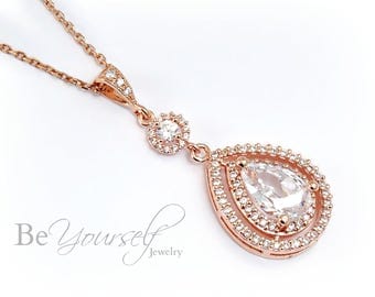 White Crystal Wedding Necklace Rose Gold Teardrop Bridal Necklace Cubic Zirconia Bride Pendant Bridesmaid Gift Sterling Wedding Jewelry CZ