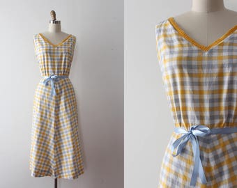 vintage 1950s dress // 50s yellow gingham day dress