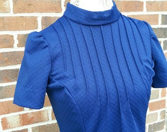 Vintage 1960s Mod Dress With Pintuck Bodice Short Sleeves and High Neck Navy Blue Mid Century MCM Retro Kitsch Modette Small XS S