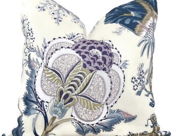 Schumacher Indian Arbre Hyacinth Pillow Cover Lumbar, Blue Tan and Lavender Floral Pillow Cover, Throw Pillow, Toss Pillow, Accent Pillow