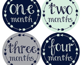 FREE GIFT, Tribal Arrow Month Stickers, Baby Month Stickers Boy, Navy, Mint, Gray, Grey, Monthly Baby Stickers, Baby Boy, Month Sticker