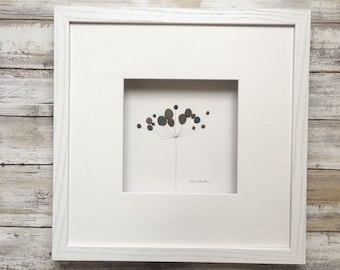 Pebble Art minimal botanical by Sharon Nowlan, flower pebble art comes matted or framed in 12 by 12 frame.