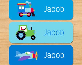 Kids Trains Planes & Trucks Waterproof Name Labels, Personalized Transportation Daycare Labels, Vehicle Baby Bottle Labels, Dishwasher Safe
