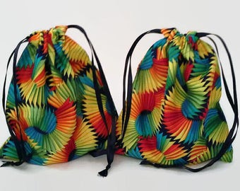 Two Rainbow Fans Birthday Drawstring Fabric Gift Bag Upcycled, Reusable, Sustainable