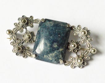SALE Vintage Sterling Silver Art Nouveau Style Blue Jasper and Marcasite Pin