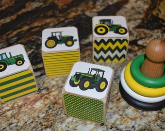 Baby Boy Gift Set Tractor Theme Blocks and Matching Mini Stacker