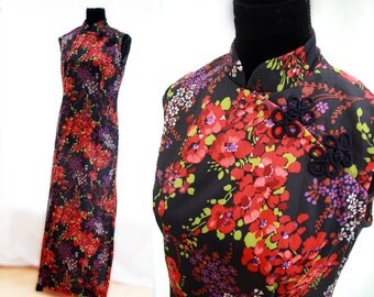 Long Maxi Oriental Floral Cheongsam Inspired Dress. Vintage. 1990's.