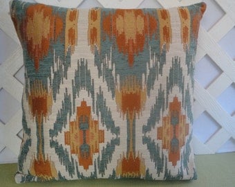 Ikat Pillow Cover in Blue Orange Gold Ivory / Geometric Pillow / Blue Orange Pillow / Accent Pillow / Decorative Pillow / 18 x 18 Pillow