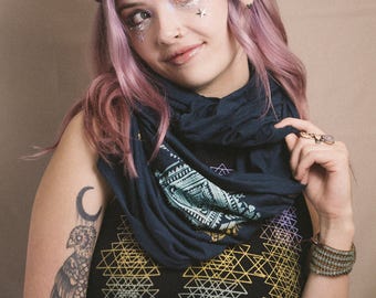 Tribal MOONS Infinity Scarf Purple/Teal/Gold- Organic BAMBOO SCARF