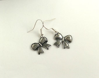 Silver Bow Earrings, Dangling Bows, Gift for Girl or Woman, Gift Under 50,