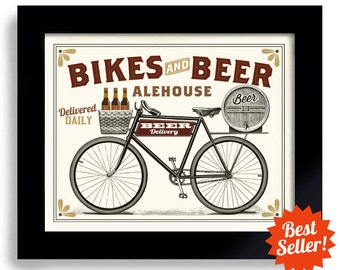 Beer Art Bicycle Art Bar Gift Beer Mans Gift Art Bike Art Beer Sign Beer Keg Beer Bottle Cycling Art Beer Gift Beer Tap Bar Decor Beer Keg