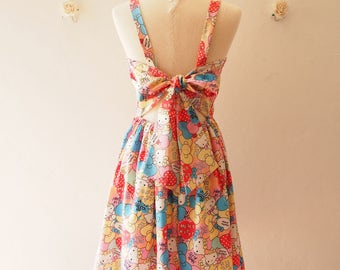 Summer Dress Backless Sundress Vintage Modern Hello Kitty Dress Back Tied Bow Party Dress Birthday Cartoon Character Dress Gift for Her