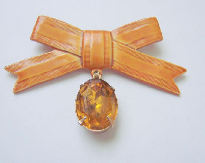 Vintage Enamel Topaz Faceted Glass Ribbon Bow Brooch / Rusty Orange Enamel / Retro / Jewelry / Jewellery