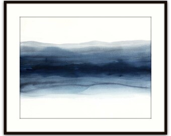 Large original painting, minimal watercolor abstract painting, 'Blue Zip with Indigo' wall art, 22" x 30" mid century, Victoria Kloch