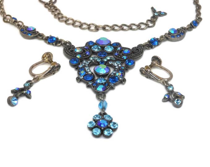 Blue rhinestone necklace earring set, up-cycled vintage necklace, light dark blue crystals, faux marcasite, vintage silver tone chain