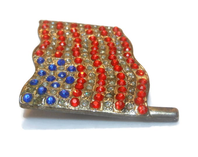 FREE SHIPPING American flag brooch, U.S.A. rhinestone flag pin, silver plated, United States of America, patriotic waving flag, 4th of July