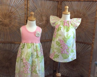 SiSTER SET ....girls tank style dress with coordinating flutter sleeve dress in Heather Bailey's Picnic Boquet- sizes 6 months -8 years