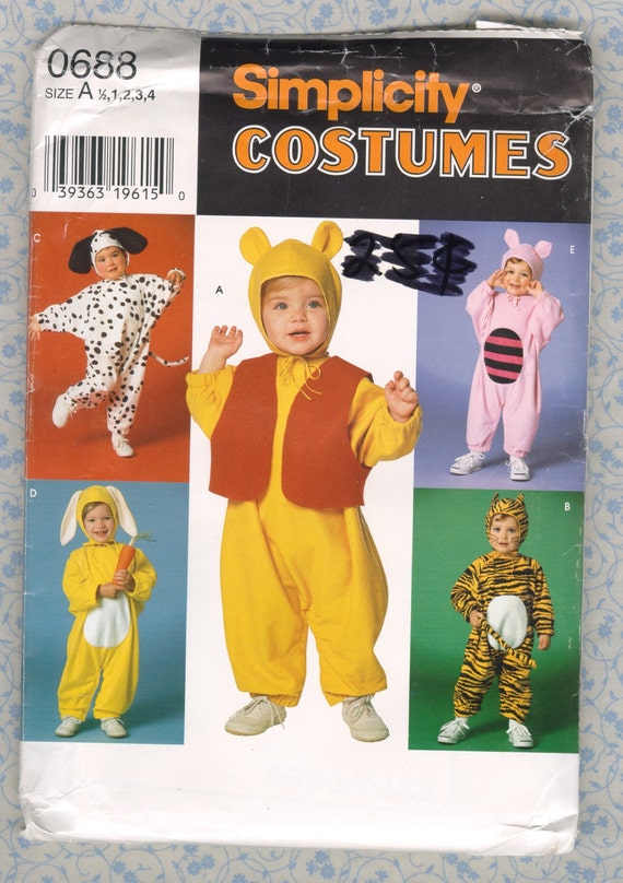 Simplicity 0688 Baby Toddler Footed Sleeper Pajamas Sewing Pattern Size 1/2 to 4 Winnie the Pooh Vintage Kids Childrens Costume