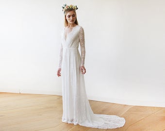 Ivory Wrap Floral Lace Long Sleeve Gown with a Train 1151