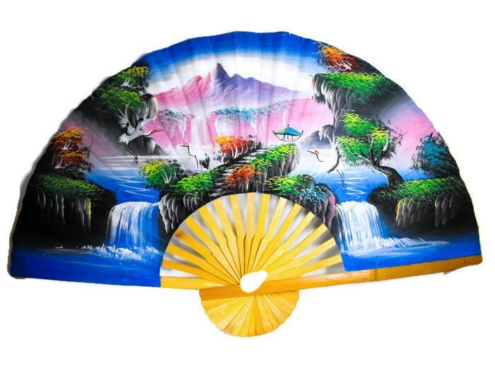 Vintage Large Asian Fan Mid Century Oriental Decor Wall Vintage Large Asian Fan Mid Century Oriental Decor Wall