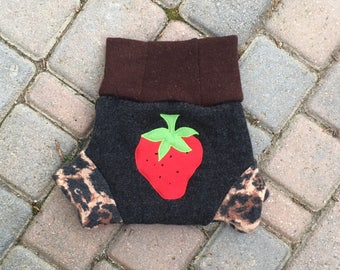 Wool Diaper Cover, Soaker, Shorties, Overnight Diaper Cover - Size Large - Srawberry Applique