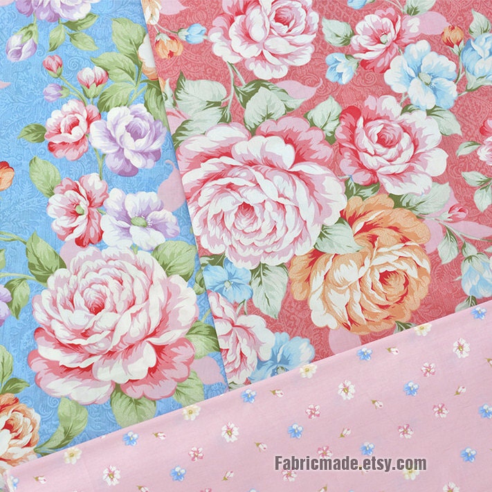 Shabby Chic Floral Fabric Large Bright Shabby Peony Flower on