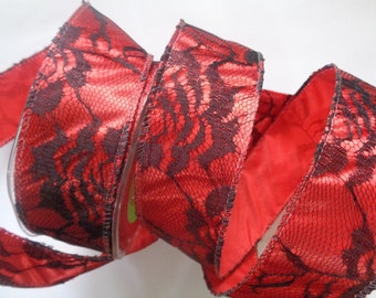 Satin Lace Wired Ribbon, Red / Black , 1 1/2 inch wide, 1 yard, For Gift Packing, Wreaths, Center Pieces, Home Decor