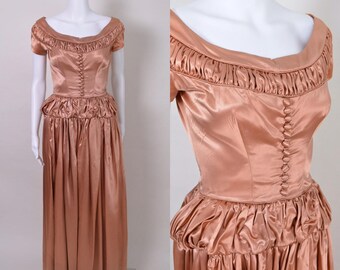 Vintage 1940s Dress 40s Satin Gown Designer Kay Selig Gathered Peplum