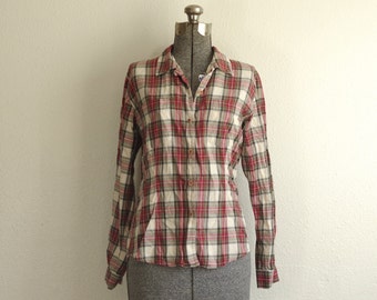 1990s Vintage Jacob Red White Green Plaid Flannel Button Down Shirt Size Small