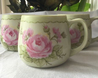 Set of 3 Hand Painted Mugs Cottage and Shabby Chic Artist Signed Pink Roses