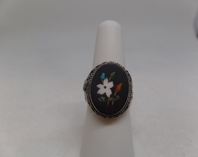 Gorgeous Vintage Sterling Silver Pietra Dura Ring