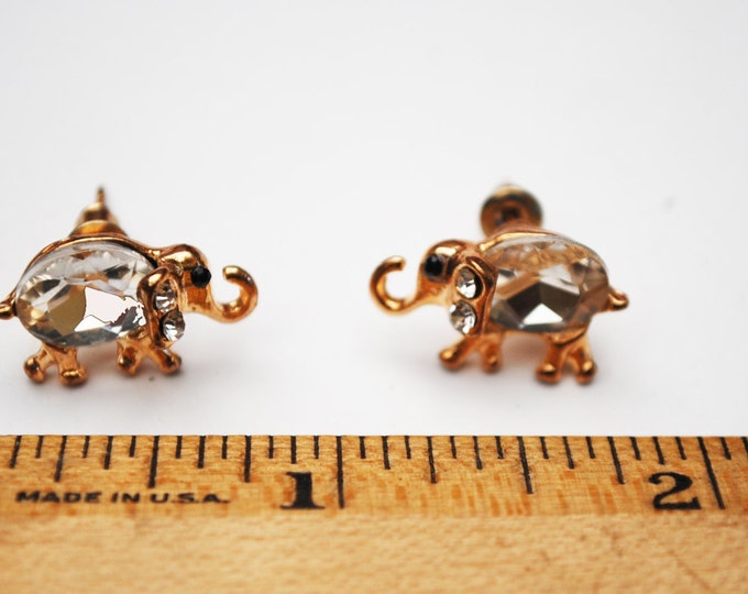 Elephant Stud Earrings - Clear crystal Rhinestone - Gold figurine pierced earrings